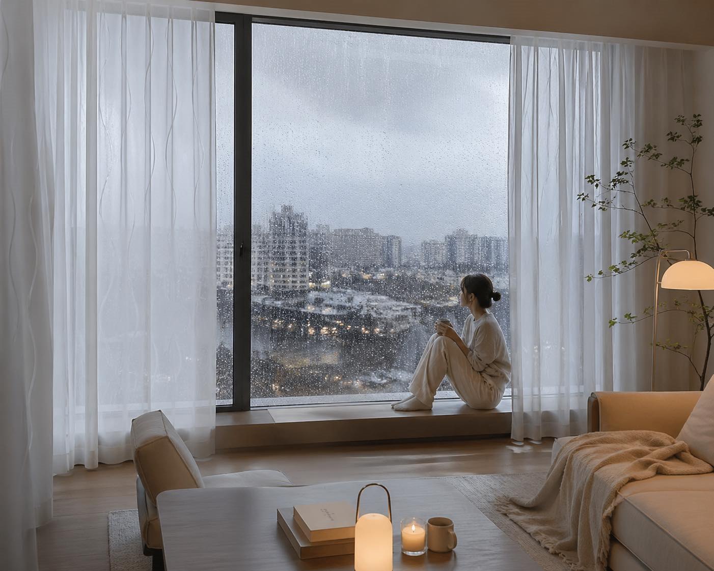白色蛇型紗與雨天窗景